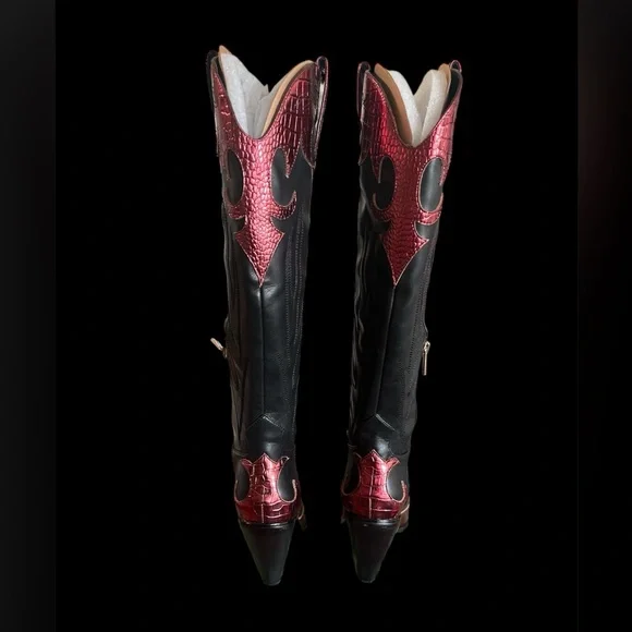 Size 5 M - Jessica Simpson Women's Rhetta Flame Knee High‎ Cowboy Boots Black - Picture 4 of 8